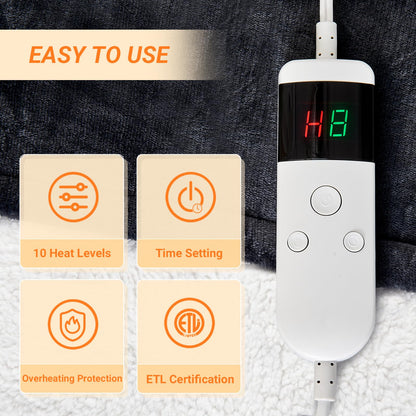 Electric Blanket Heated Throw, Soft Flannel Heating Blanket with 8 Hours Auto Off 10 Fast Heating Levels Machine Washable Sherpa Heated Blanket with Overheating Protection