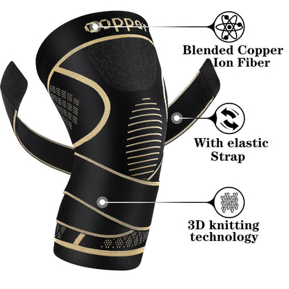 Copper Knee Braces with Strap for Knee Pain Women and Men(2 Pack), Knee Compression Sleeve for Arthritis, ACL, Meniscus Tear, Joint Pain Relief, Knee Support for Working, Running, Weightlifting(M)