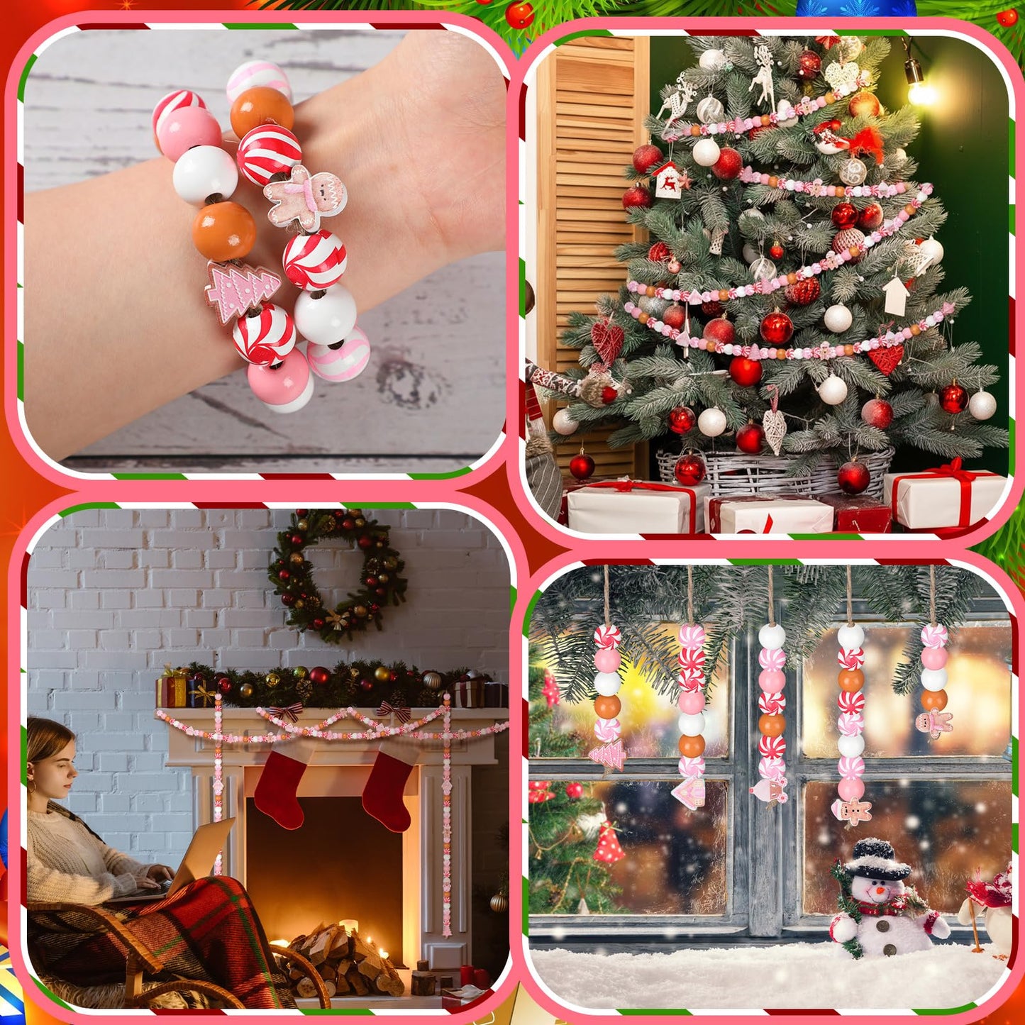 Cinnvoice 240 Pcs Christmas Wooden Beads Bulk for Craft Jewelry Making Round 16mm Santa Peppermint Swirl Beads for DIY Garland Holiday Tiered Tray Tree Decor(Gingerbread,Pink)
