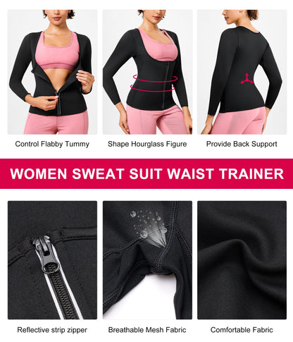 Gotoly Women Waist Trainer Hot Neoprene Shirt Sauna Suit Sweat Body Shaper Jacket Top Zipper Long Sleeve