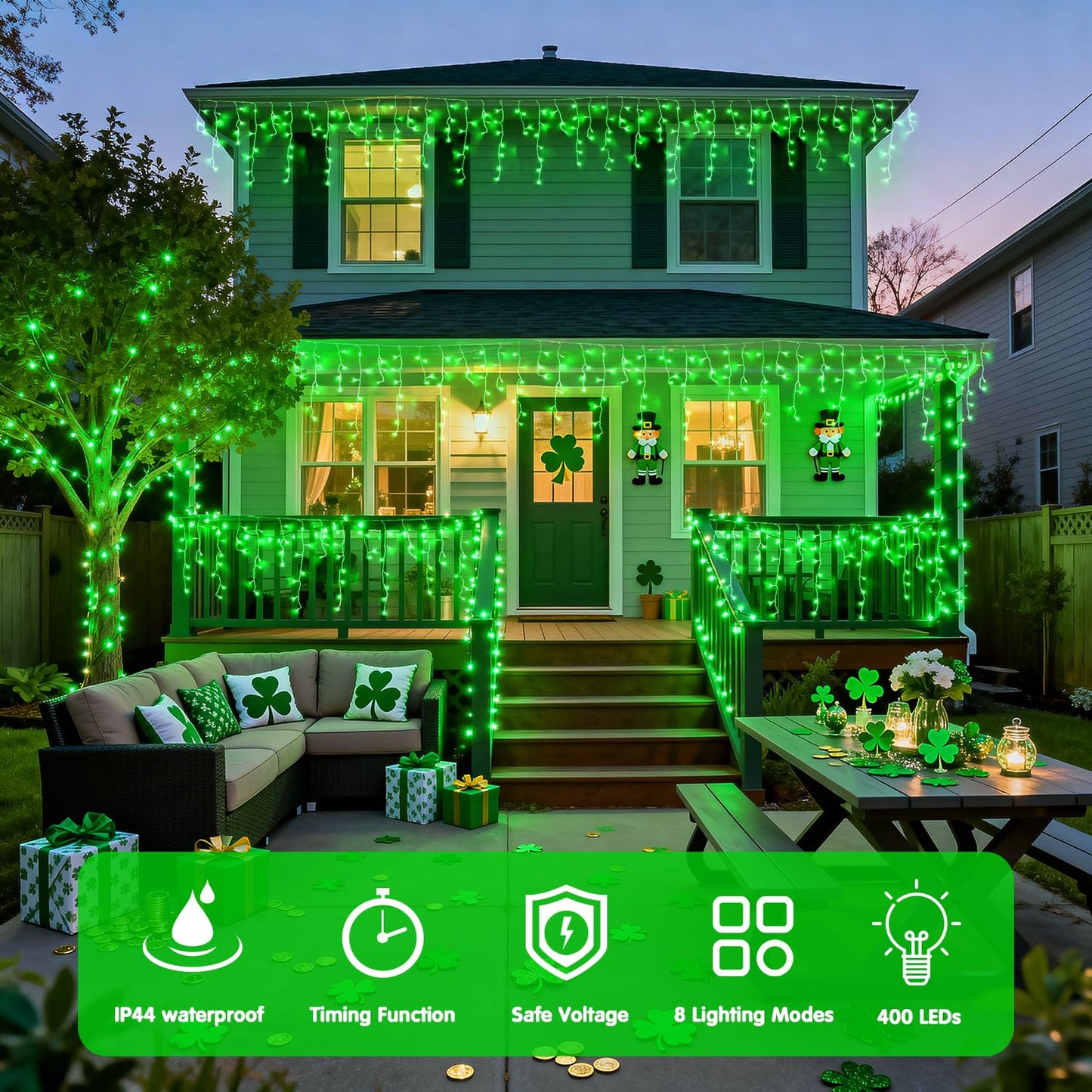 JMEXSUSS 400 LED 38.8F Green Icicle Lights for St Patrick's Day, Green Christmas Lights Indoor Outdoor, String Icicle Light for St Patrick House Fireplace Party Yard Decoration