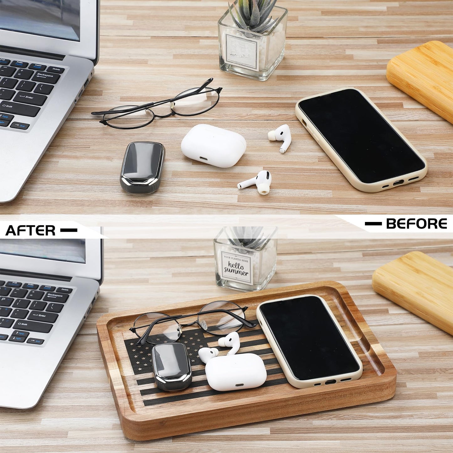 Newtay American Flag Valet Tray for Men Wood Catch All Dump Tray EDC Organizer Every Day Carry Bedside Nightstand Table Entryway Holder for Keys Wallet Watches Phones Jewelry 11 x 7.75 x 1 Inch