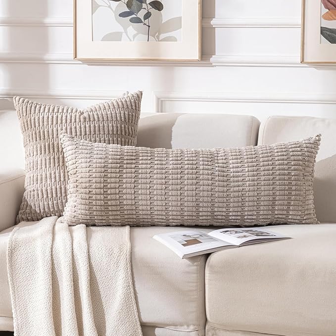Fancy Homi Taupe Long Lumbar Decorative Throw Pillow Covers 14x36 Inch for Bed Couch Bed Sofa, Rustic Farmhouse Boho Room Decor, Soft Striped Corduroy Rectangle Cushion Case 35x91 cm