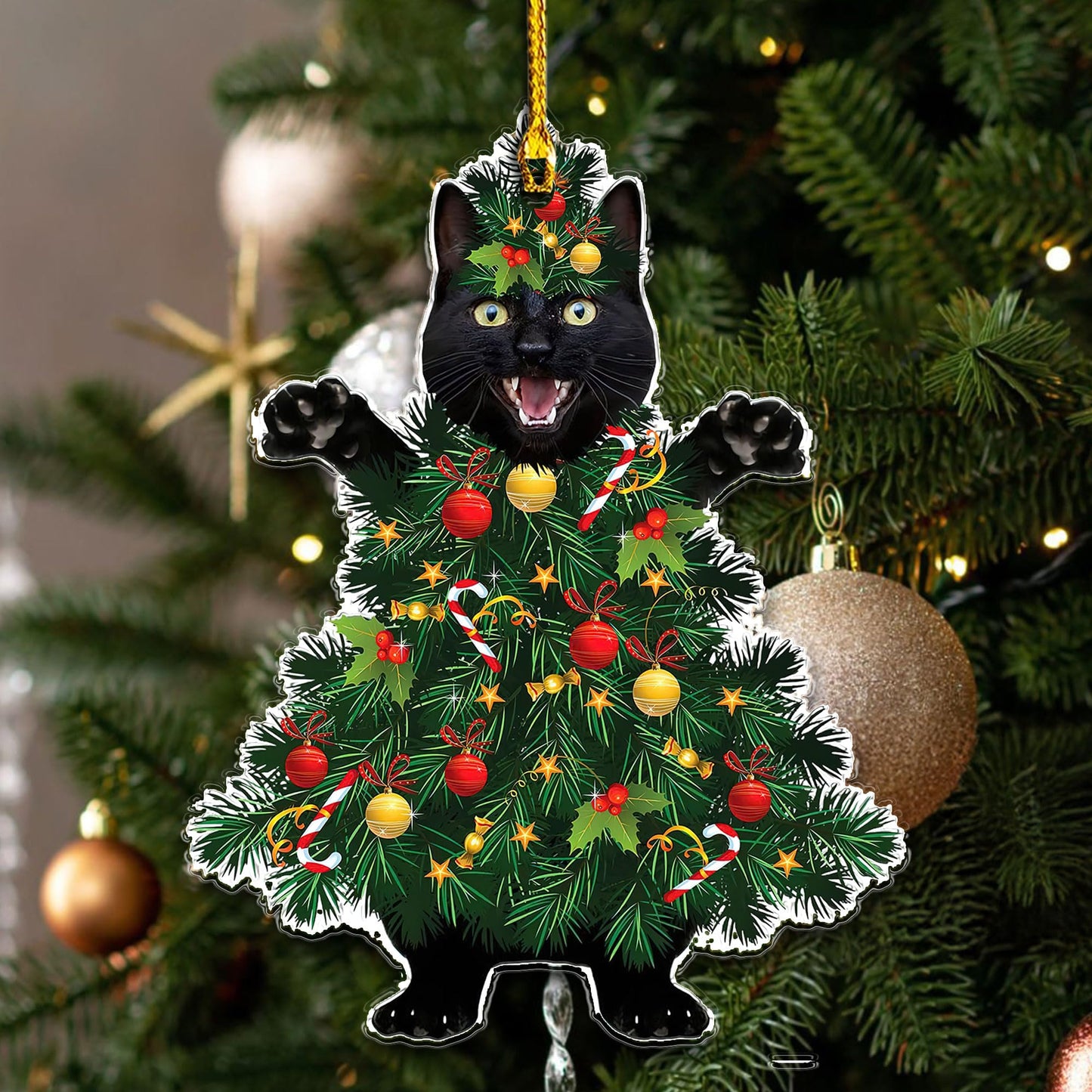 Black Cat Acrylic Christmas Ornament – Funny Cat Xmas Tree Decoration – Kitty Lover Christmas Ornament – Cute Black Kitten Holiday Ornament – Cat Christmas Ornament Gift for Kitty Mom Kitten Dad