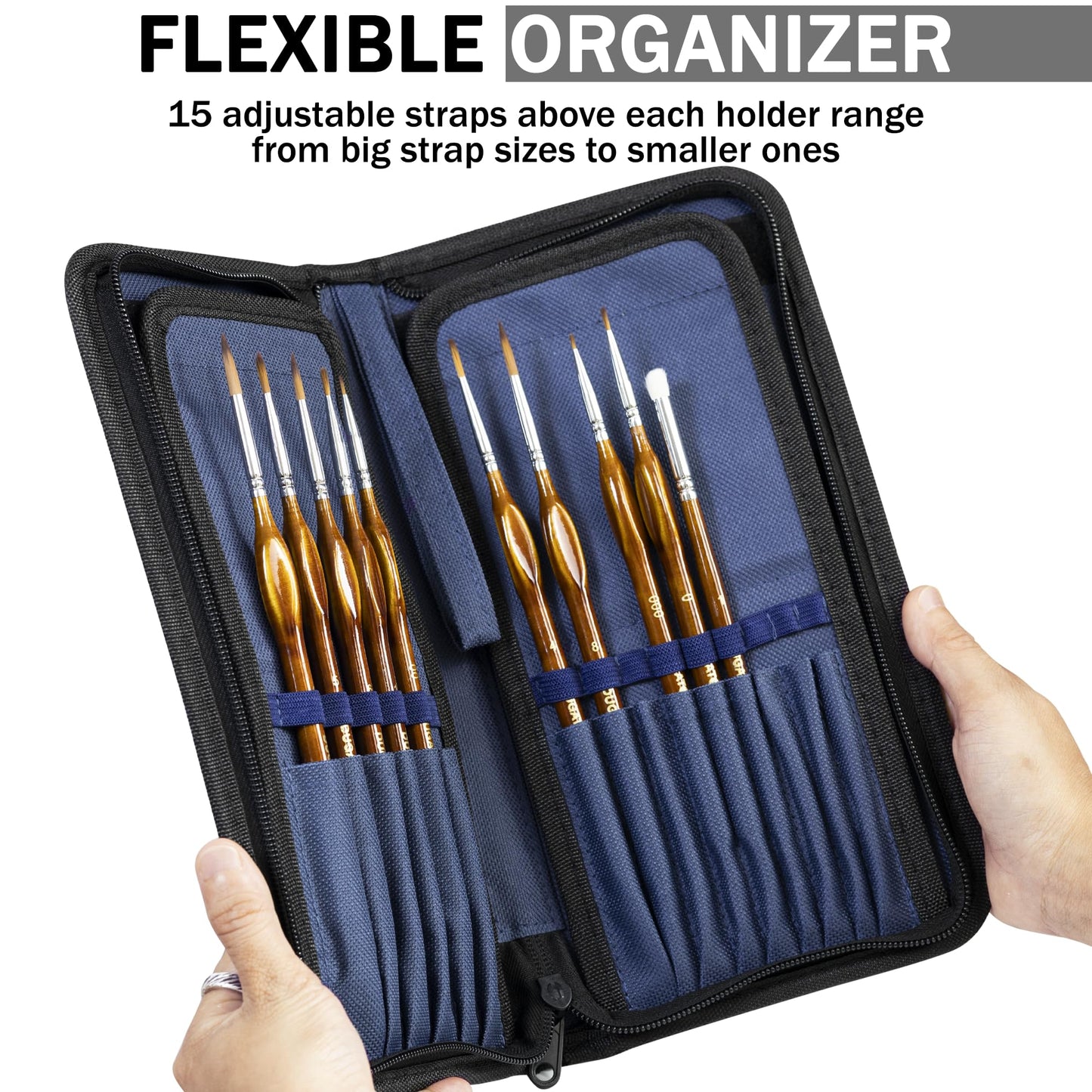 DUGATO Short Paint Brush Holder & Organizer 5.4x10.7 Inches, Blue Canvas Bag for Brushes up to 9.3" Length, Case with 15 Slots, Artist Brush Carrying Case (Brush Not Included)