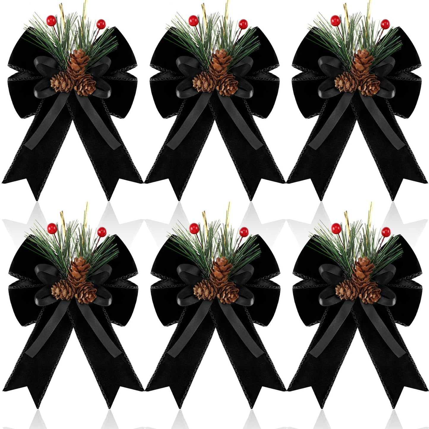 Syhood 6 Pcs Christmas Bows with Pine Cones Pine Needles Black Xmas Velvet Bows Elegant Ribbon Christmas Tree Wreath Decoration for Xmas Parties Indoor Outdoor Crafts DIY Decor