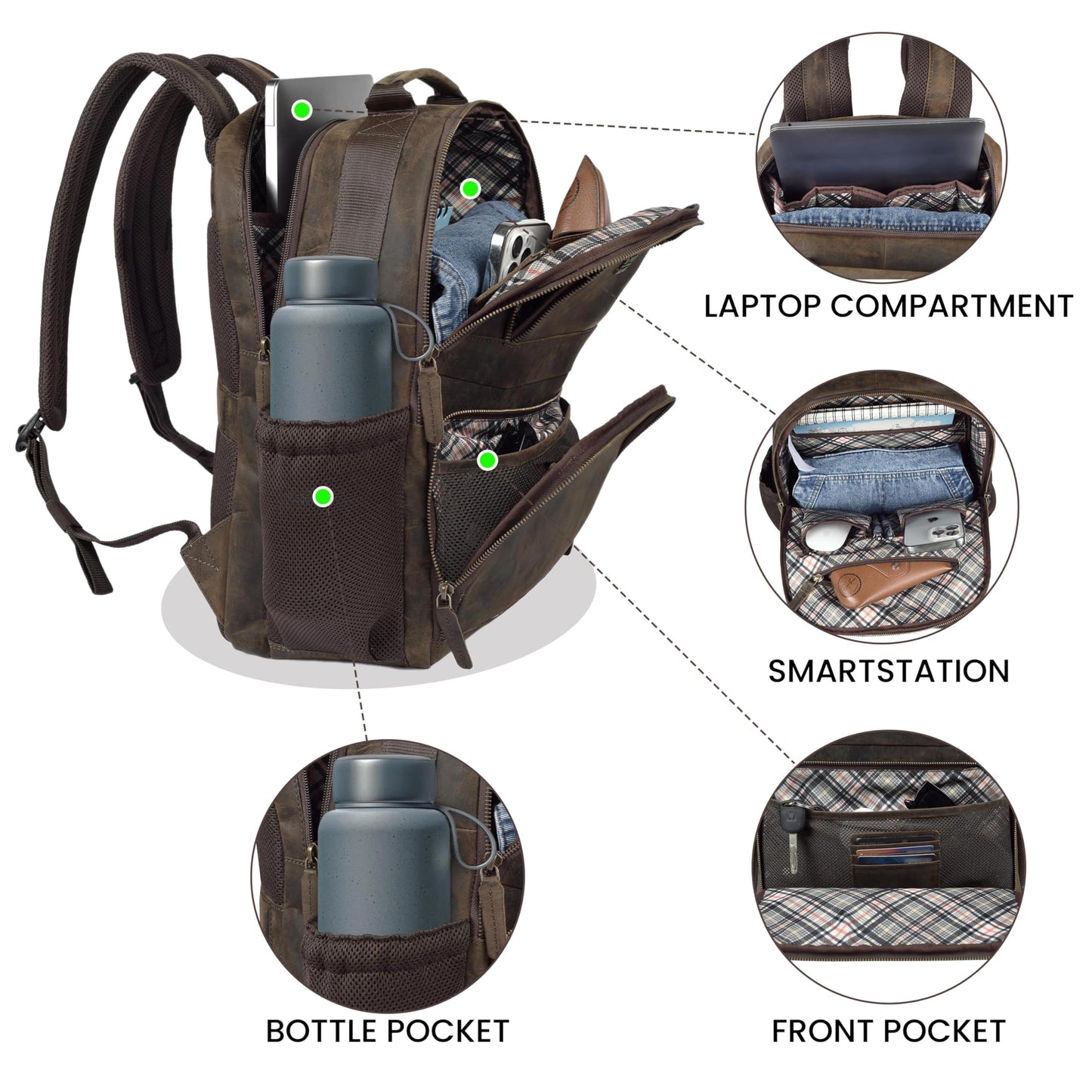 LEATHER VILLAGE Vintage Leather Laptop Backpack for Men & Women, Professional Business Bag Fits 17”- Laptop, Travel Hiking Daypack with Trolley Strap - Distressed Brown