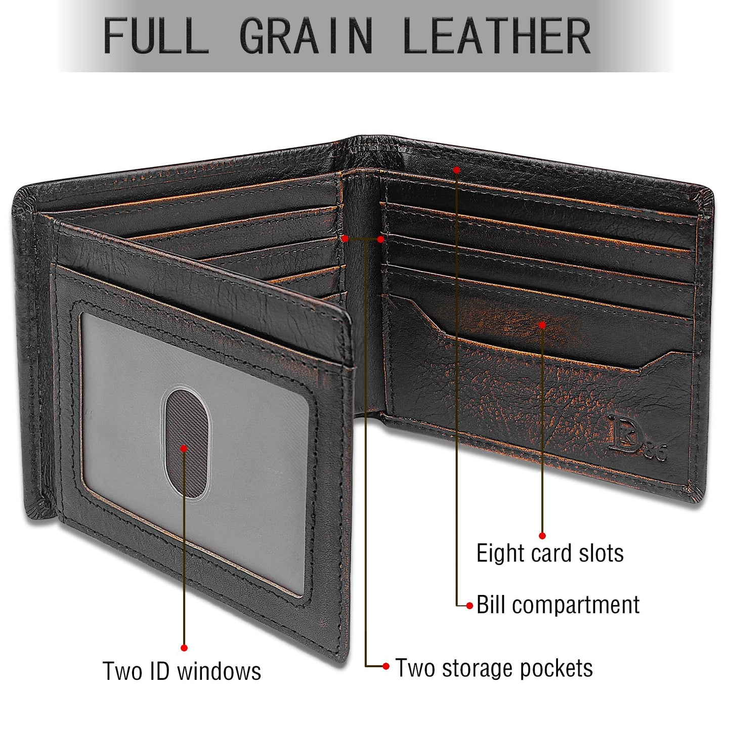 DK86 Deer Bifold Wallet for Men RFID Blocking Full Grain Leather With Hand Burnished Extra Capacity Multiple Card Slots with 2 ID Windows (black orange with deer)