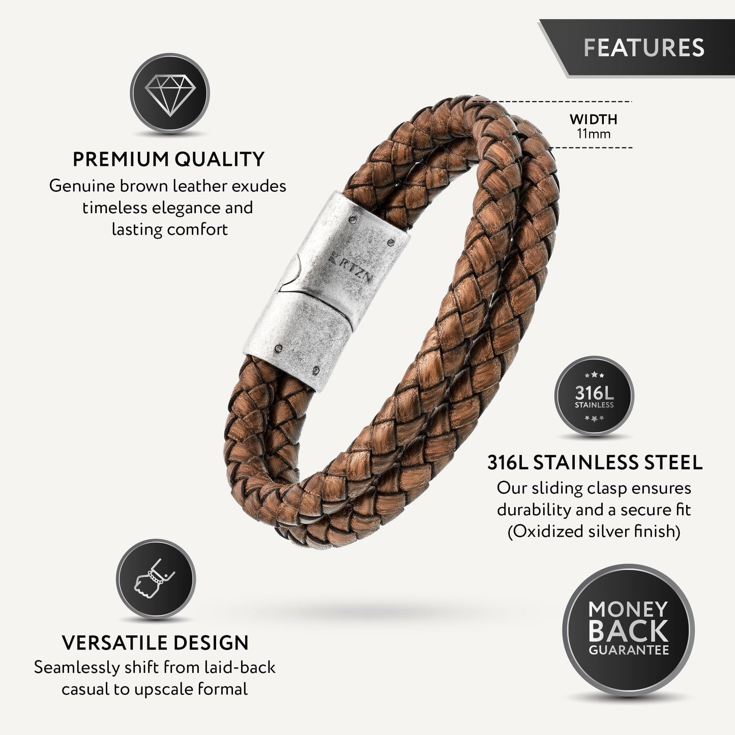 RTZN Brown Leather Bracelet for Men Premium Artisan Handcrafted Double Strand Braided Mens Bracelet (Small)