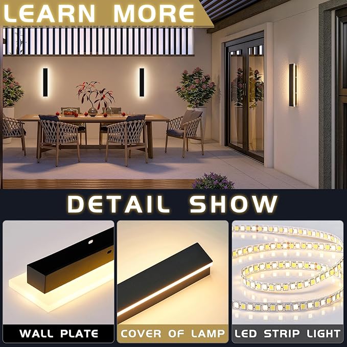 Mikeru 2 Pack Outdoor Wall Light,11.82 Inch 3 Color Wall Sconce（3000/4000/6000K） Front Porch Light, Ip65 Waterproof Black Exterior Wall Light, Exterior Wall Lights for House Courtyard Balcony Porch
