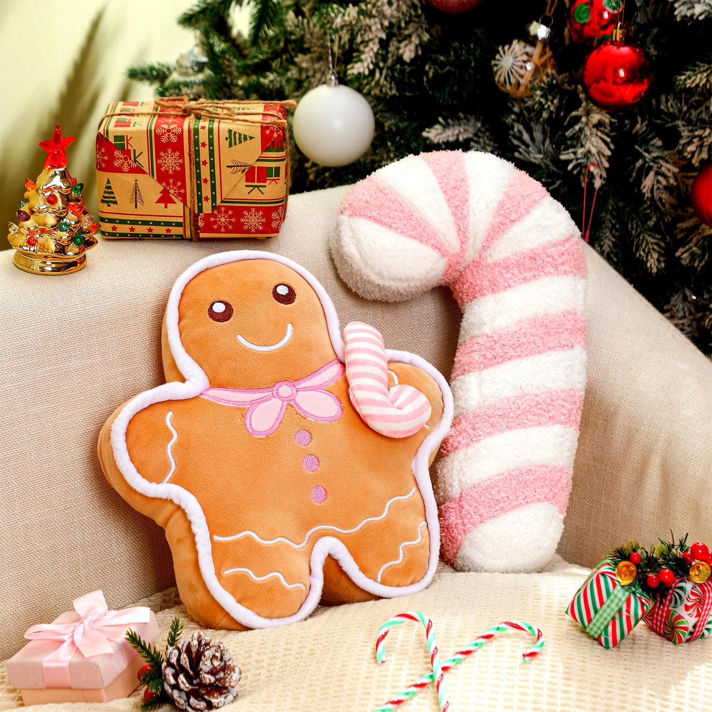 Yalikop 2 Pcs Christmas Gingerbread Man Cane Pillow Christmas Plush Throw Pillow Decorations Couch Sofa Decor Plush Stuffed for Home Winter Holiday Party Decoration