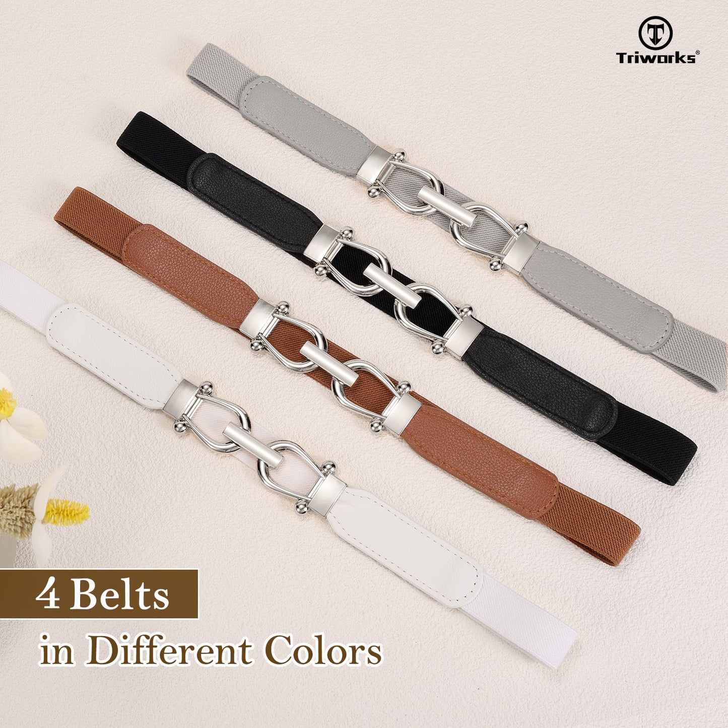 TRIWORKS 4 Pack Skinny Elastic Belts for Women Silver Buckle Thin Stretchy Waist Belts for Dresses