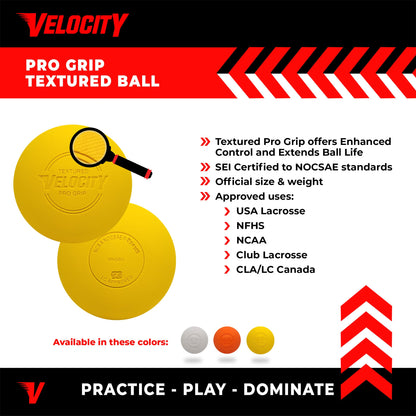 Velocity Pro Grip Lacrosse Balls - 6, 12, 18, 60 and 120 Packs - Certified for Youth, Club, High School, CLA, and College Game Play - Yellow