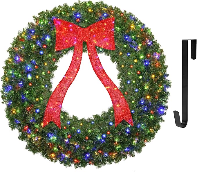 48in Prelit Christmas Wreath - Large Outdoor Christmas Wreath with Lighted Red Christmas Bow, Metal Hook, 714 Branch Tips & 250 Multicolor LED Lights for Front Door Window Holidy Decor