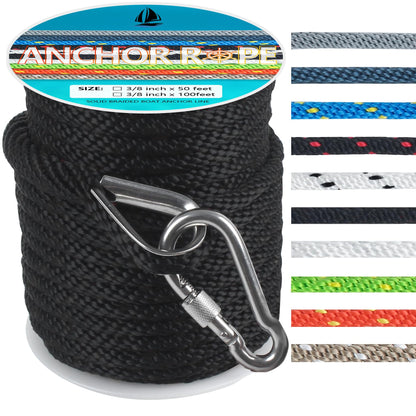3/8 Inch 50 FT Anchor Rope, Boat Anchor Rope Solid Braid MFP, Anchor Line with 316 Stainless Steel Thimble and Snap Hook - Black