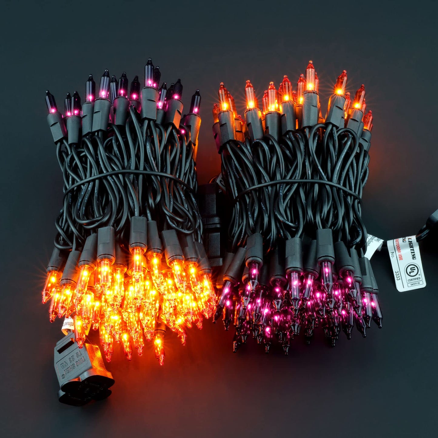YULETIME 200 Orange Purple Halloween Lights, 2-Set 21 ft 100 ct Black Wire