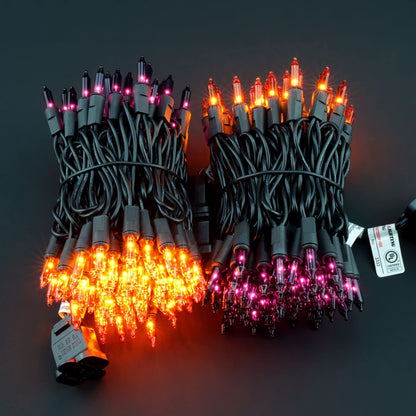 YULETIME 200 Orange Purple Halloween Lights, 2-Set 21 ft 100 ct Black Wire