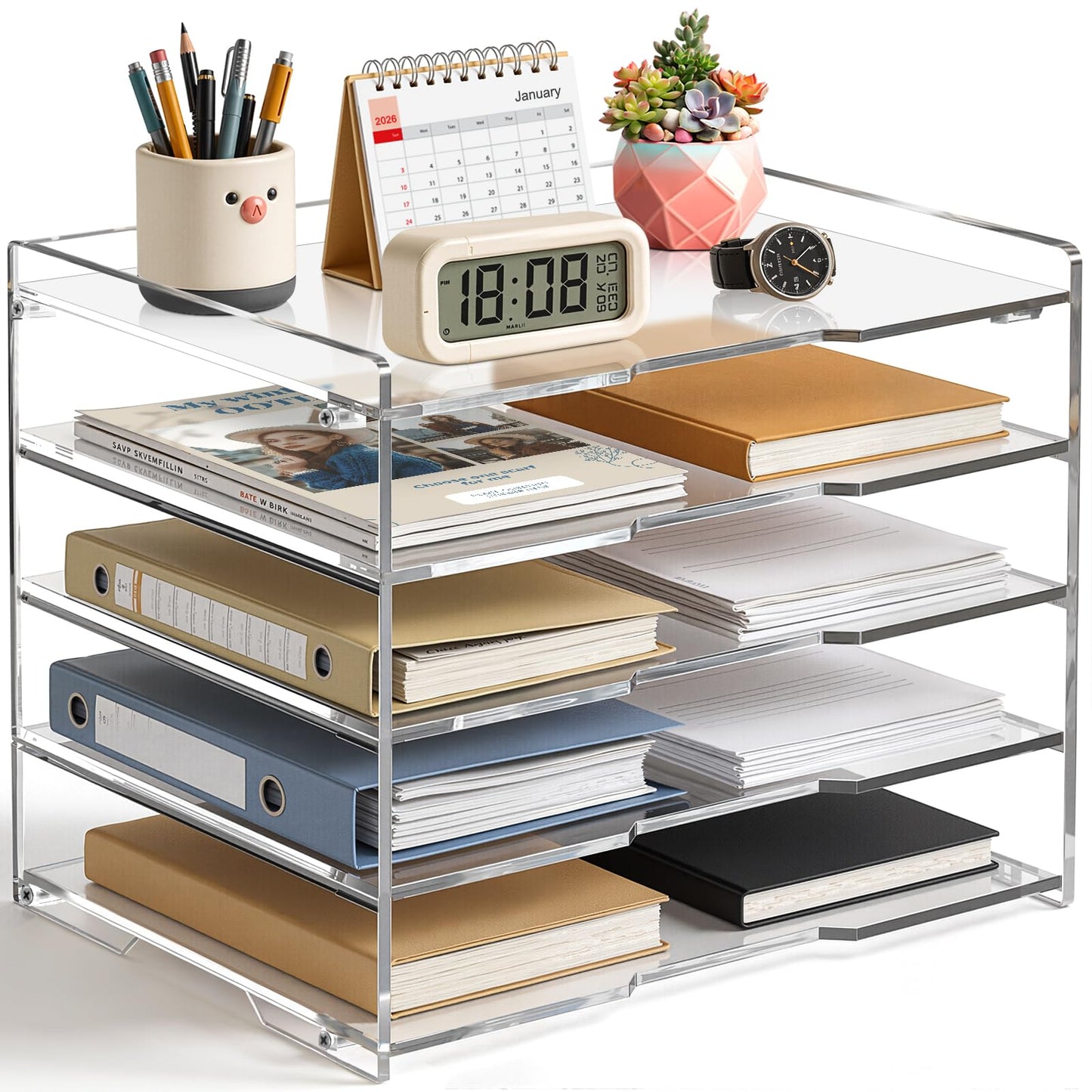 KKU 5 Tier Clear Acrylic Desk Organizer, Letter Tray Paper File Desk Organizer and Accessories For Office Supplies