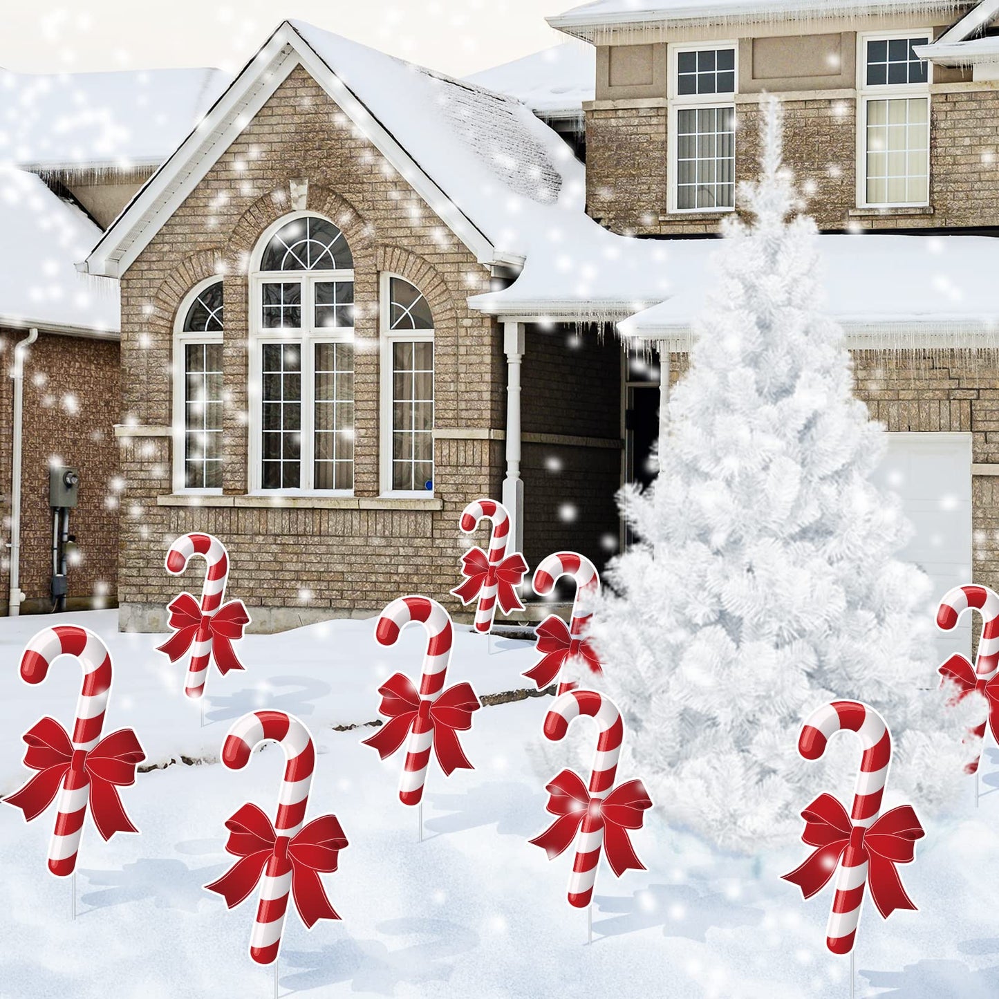 Whaline 10Pcs Christmas Yard Sign with 20Pcs Stakes Large Candy Cane Lawn Waterproof White Red Stripe with Bow Outdoor Sign for Xmas Pathway Walkway Patio Garden Decoration