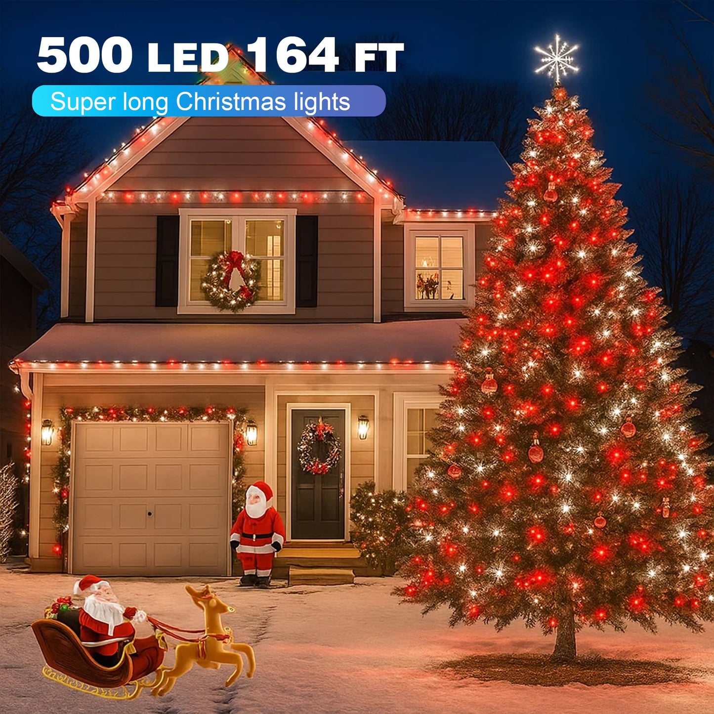 Domolli Christmas Lights 500LED 164FT, Waterproof Christmas Tree Lights with 8 Modes, Remote Control 3 Timers & Memory Function Xmas Decorations for House and Holiday (White and Red)
