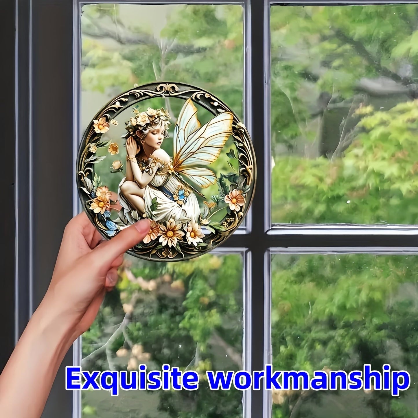 VTYFRY Flower Fairy Garden Decorations Angel Wing Christmas Halloween Deco Statue Art Elf Sculpture Hanging Craft for Outdoor Yard Courtyard Lawn Patio Window Acrylic Ornament Home Gift (A,S: 6*6 IN)