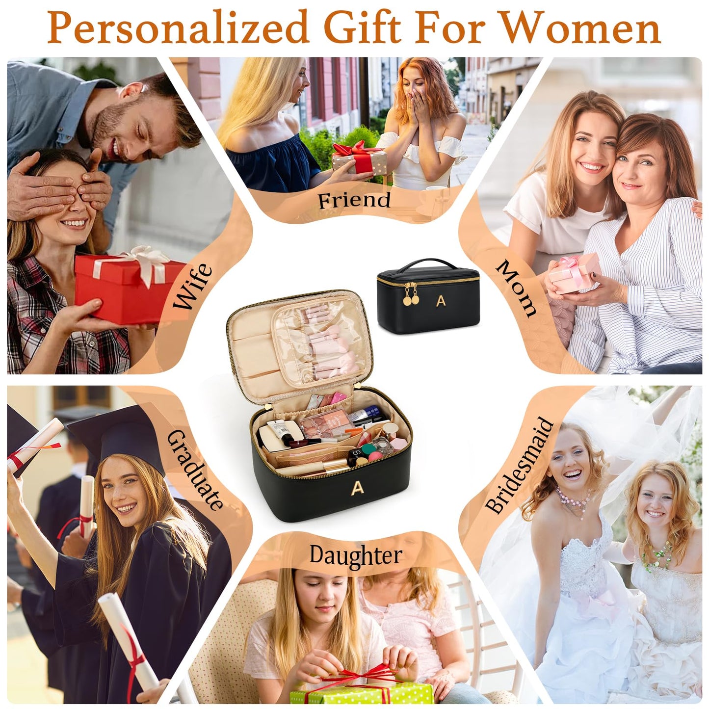 CLOUDWINGS Gifts for Women Travel Makeup Bag Personalized Cosmetic Bag Portable Large Capacity Toiletry Bag(Black-A)