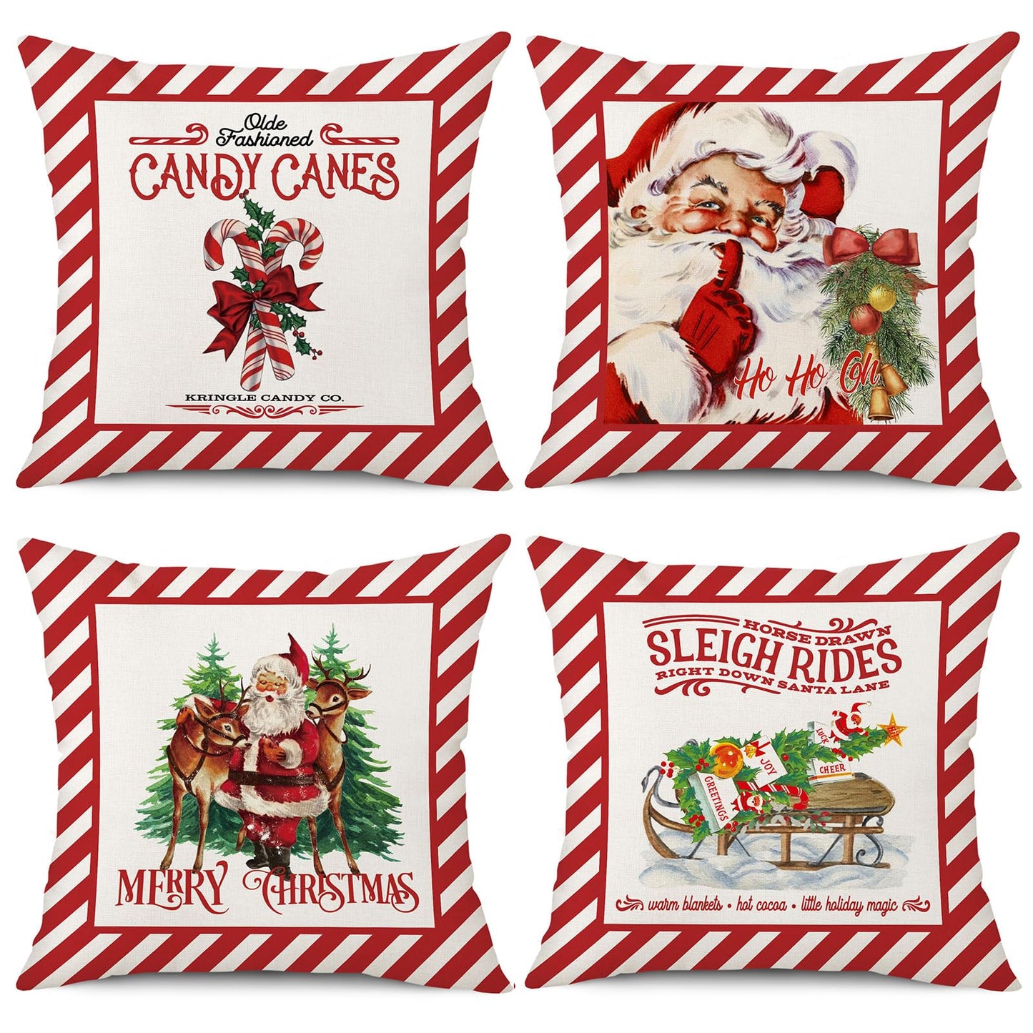 Coeufuedy Christmas Pillow Covers 18x18 Set of 4 Candy Canes Elk Santa Claus Sleigh Rides Winter Holiday Decoration Cushion Case for Sofa Couch Home Decor