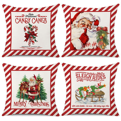 Coeufuedy Christmas Pillow Covers 18x18 Set of 4 Candy Canes Elk Santa Claus Sleigh Rides Winter Holiday Decoration Cushion Case for Sofa Couch Home Decor