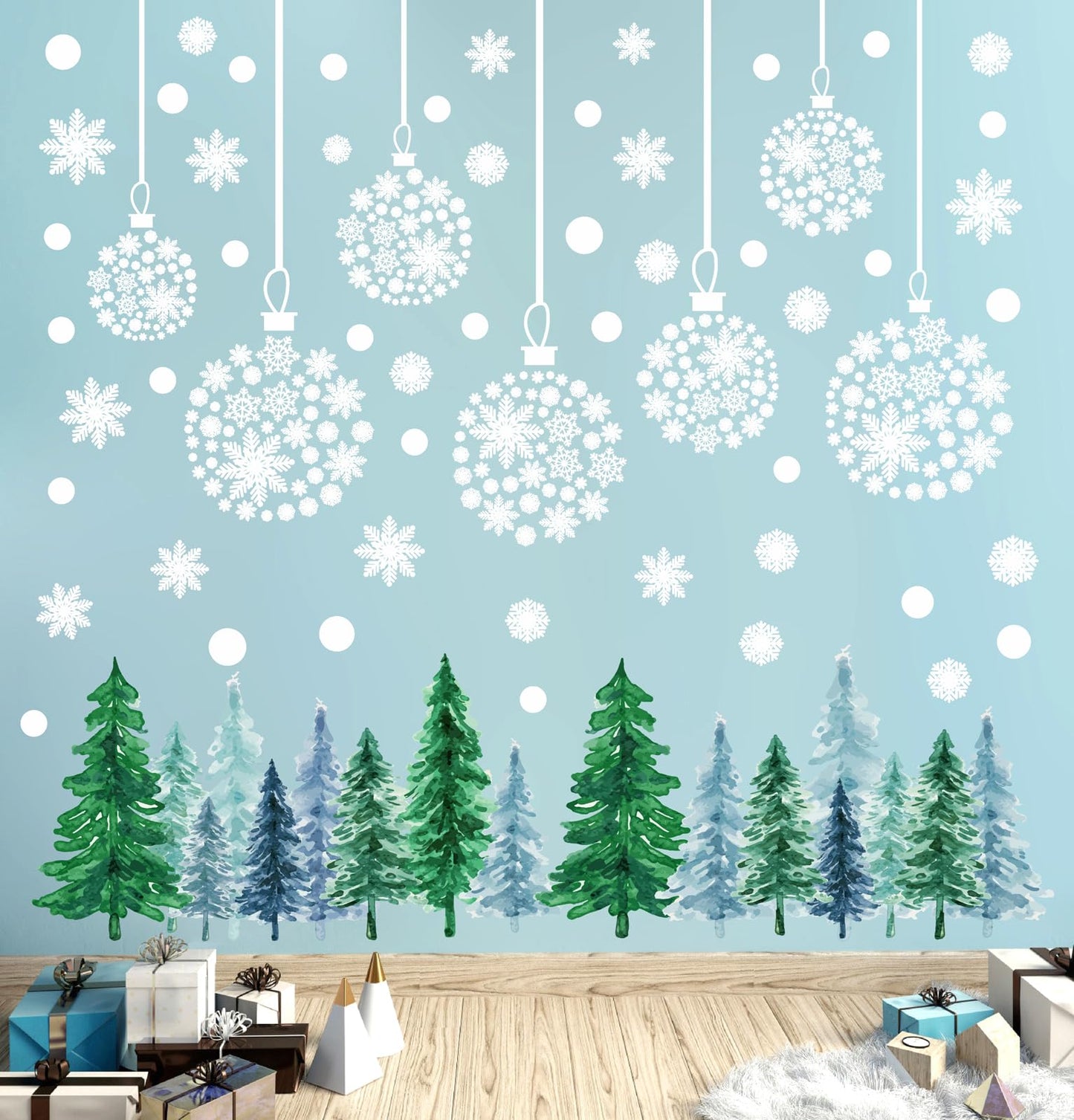 Christmas Tree Wall Decals Winter Snow Pine Tree Wall Stickers Christmas Snowflakes Window Cling Decals Xmas Pine Tree Wall Stickers Removable Christmas Window Stickers Holiday Decoration