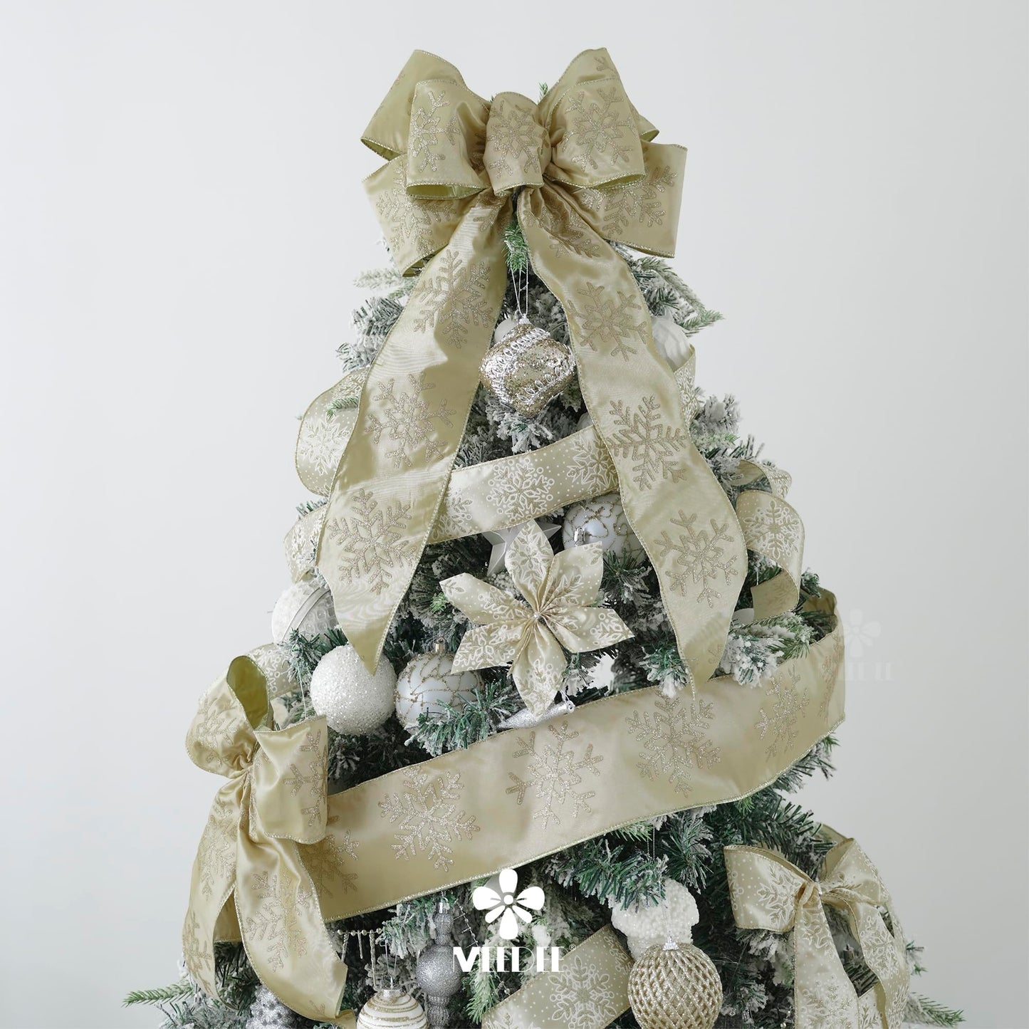 MEEDEE 4 Inch Champagne Gold Snowflake Ribbon Satin Wired Christmas Tree Ribbon with Champagne Glitter Snowflake 10 Yards Champagne Gold Ribbons for Christmas Tree, Garlands, Topper Bow