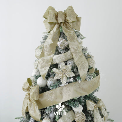 MEEDEE 4 Inch Champagne Gold Snowflake Ribbon Satin Wired Christmas Tree Ribbon with Champagne Glitter Snowflake 10 Yards Champagne Gold Ribbons for Christmas Tree, Garlands, Topper Bow