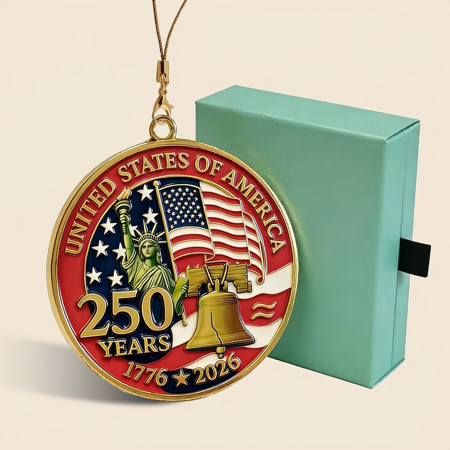 ALRALLI United States 250th Anniversary Ornament 1776-2026, America 250 Patriotic Metal Hanging Decoration with Cord, Storage Pouch, Liberty Bell Keepsake for Christmas Tree, Independence Day Gift
