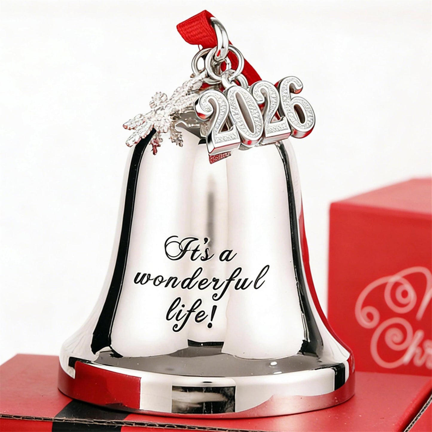 JUPPE It's a Wonderful Life Silver Bell Christmas Ornament, 3 Inch Metal Holiday Tree Decoration with Snowflake Topper, 2026 Charm and Red Ribbon (Silver)