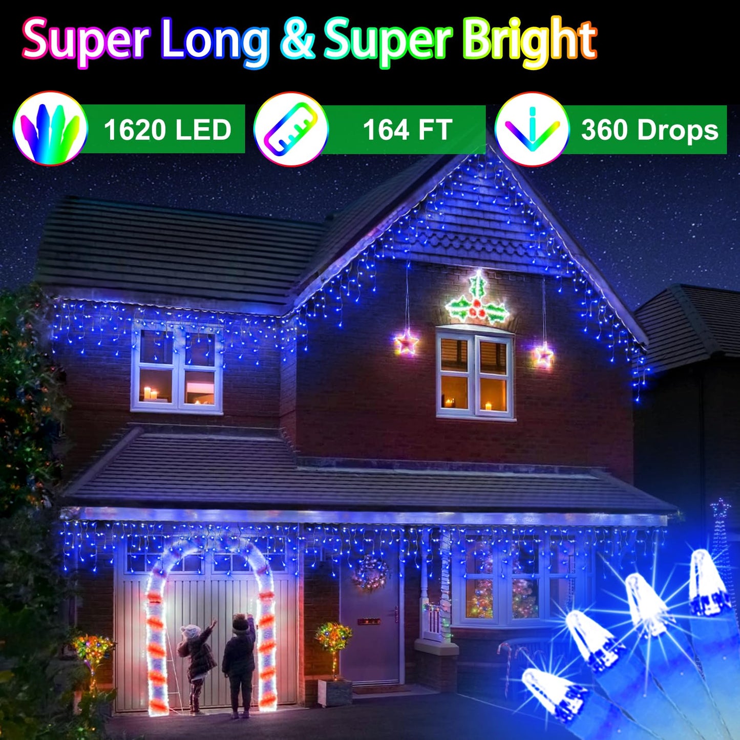 1620 LED 164ft 360 Drops Christmas Lights, Outdoor Hanging lights with 8 Modes & Timer Memory, Outside Waterproof Curtain String Light for House Fence Tree Holiday Wedding Party Decorations (Blue)