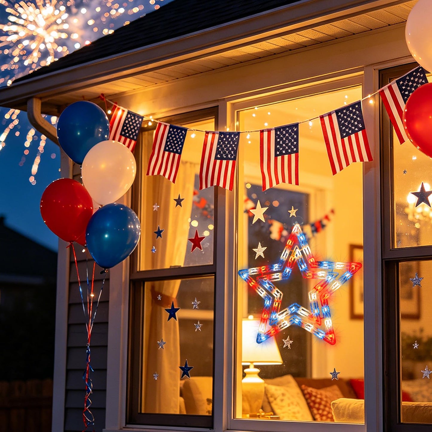 LAMPHOME 14" Lighted Patriotic Star Window Silhouette, Red White Blue LED Decoration with Suction Cup for 4th of July, Memorial Day, Indoor Outdoor Wall Decor
