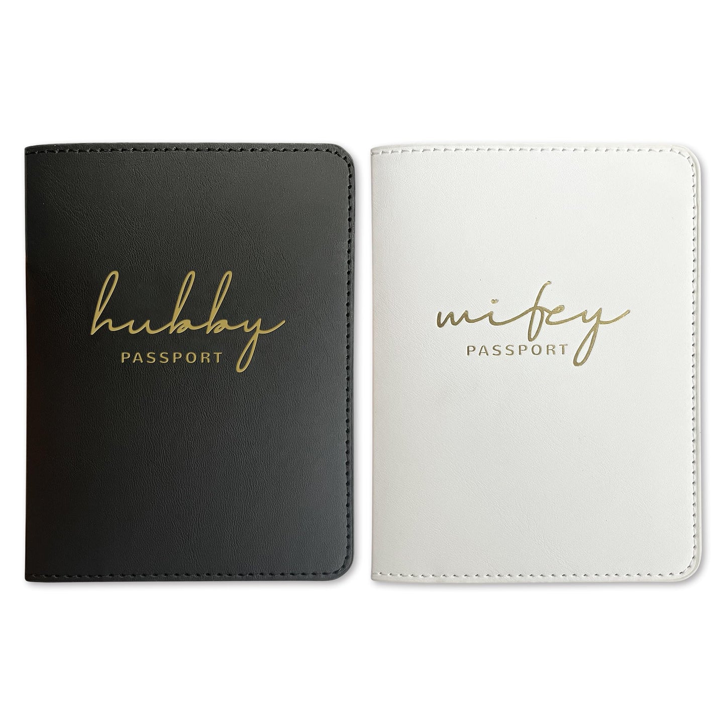 HubbyWifeyGifts Matching Passport Holder for Hubby and Wifey, PU Leather Passport Cover with RFID Blocking, Honeymoon Essentials for Travel, Engagement Gifts for Couples