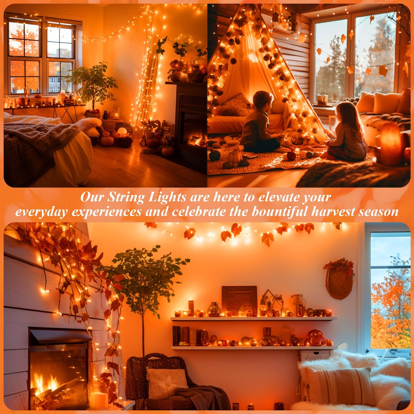 JMEXSUSS 66ft 200 LED Christmas String Lights Outdoor Indoor, Connectable Orange String Lights Clear Wire, Fall Light Plug in for Fireplace Tree Garden Patio Thanksgiving Fall Halloween Decor