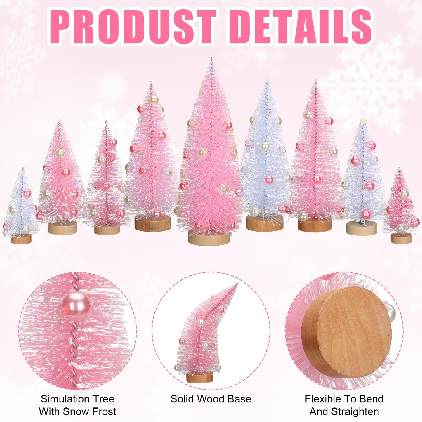 Leyndo 9 Pcs Pink Pearl Artificial Mini Christmas Tree Sisal Bottle Brush Trees with Wood Base Christmas Pine Trees for Autumn Winter Holiday Home Kitchen Party Decor