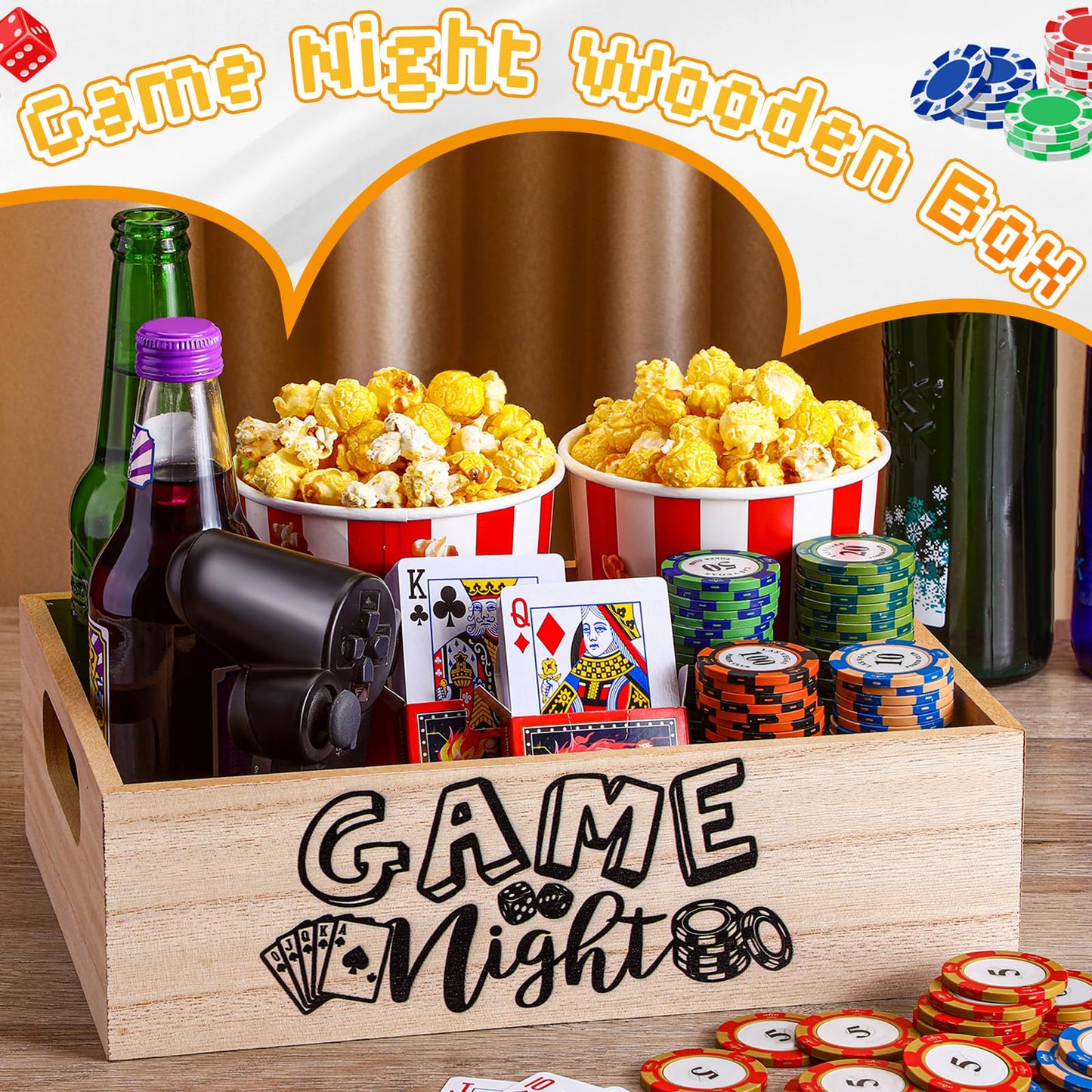 Movie Night Supplies Snack Trays with Handles Reusable Wooden Movie Gift Basket for Theater Popcorn Bucket Bowl Box Container Family Room Decor(Game Night)