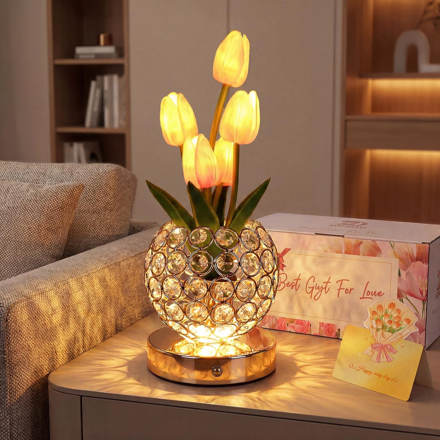Birthday Gifts for Women Mothers Day Gifts/ for MomTable Lamp, 3 Color Crystal Flower Bedside Lamps Infinitely Dimming with USB Charge Small Night Light,Nightstand Touch Lamp for Bedroom (pink-tulip)