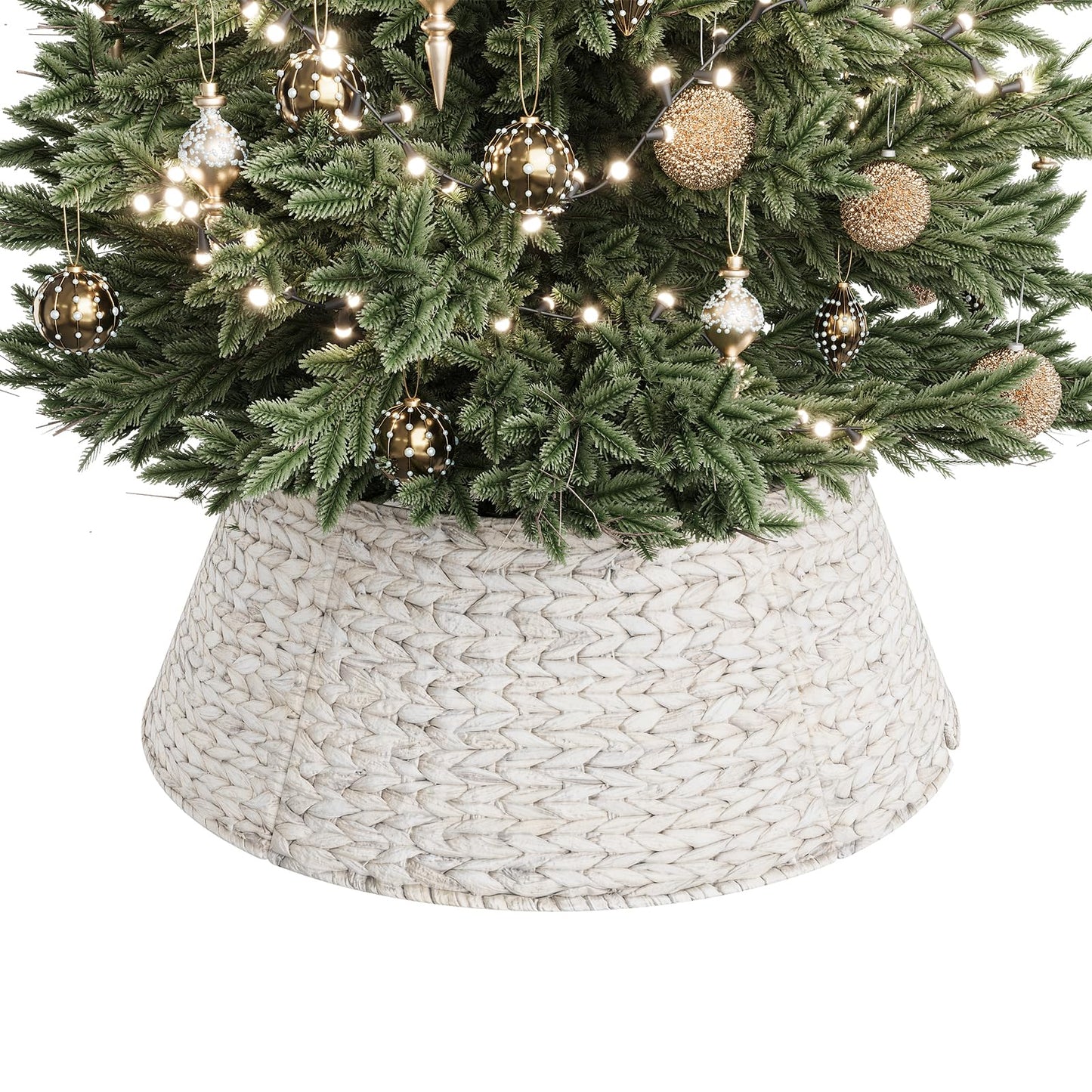 ELYKEN 28-Inch Woven Rattan Christmas Tree Collar, Stylish Hyacinth 5-Piece Tree Skirt for Artificial Trees, Wicker Tree Base Cover with Cord Cut-Out for Home Decor, Living Room Display, White Wash