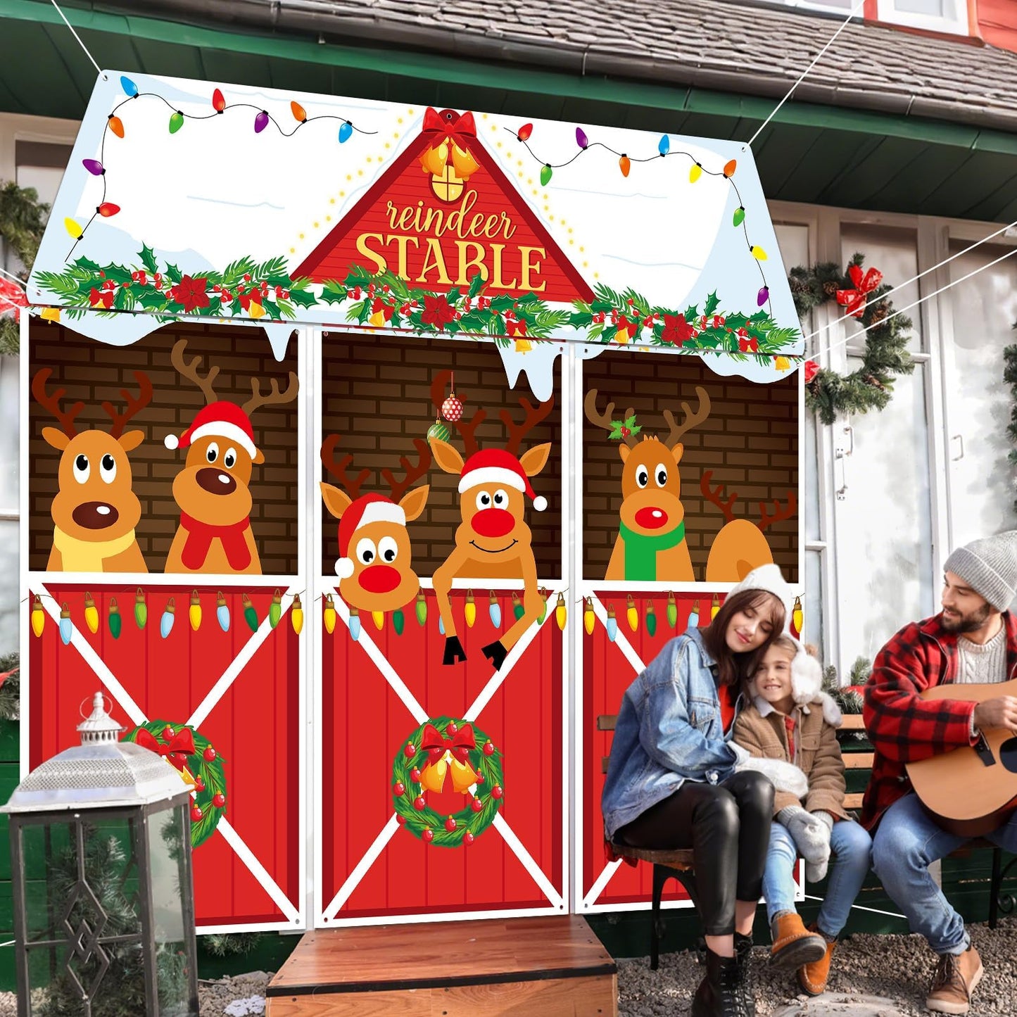 4 Pcs Christmas Deer Door Decorations Xmas Reindeer Stable Door Covers Backdrop Christmas Elk Snowflakes Hanging Banner Porch Sign for Holiday Wall Window Classroom Office Home Party Decor