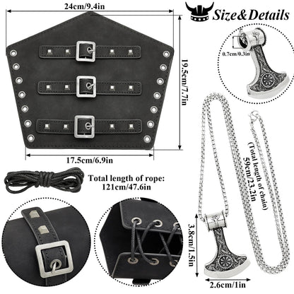 5pcs Medieval Viking Knight Bracers Arm Guards,Knight Belt,Drawstring Purse Pouch Bag and Stainless Steel Chain Axe Necklace Set for Renaissance Faires,LARP events,or Halloween costumes,5 Black set