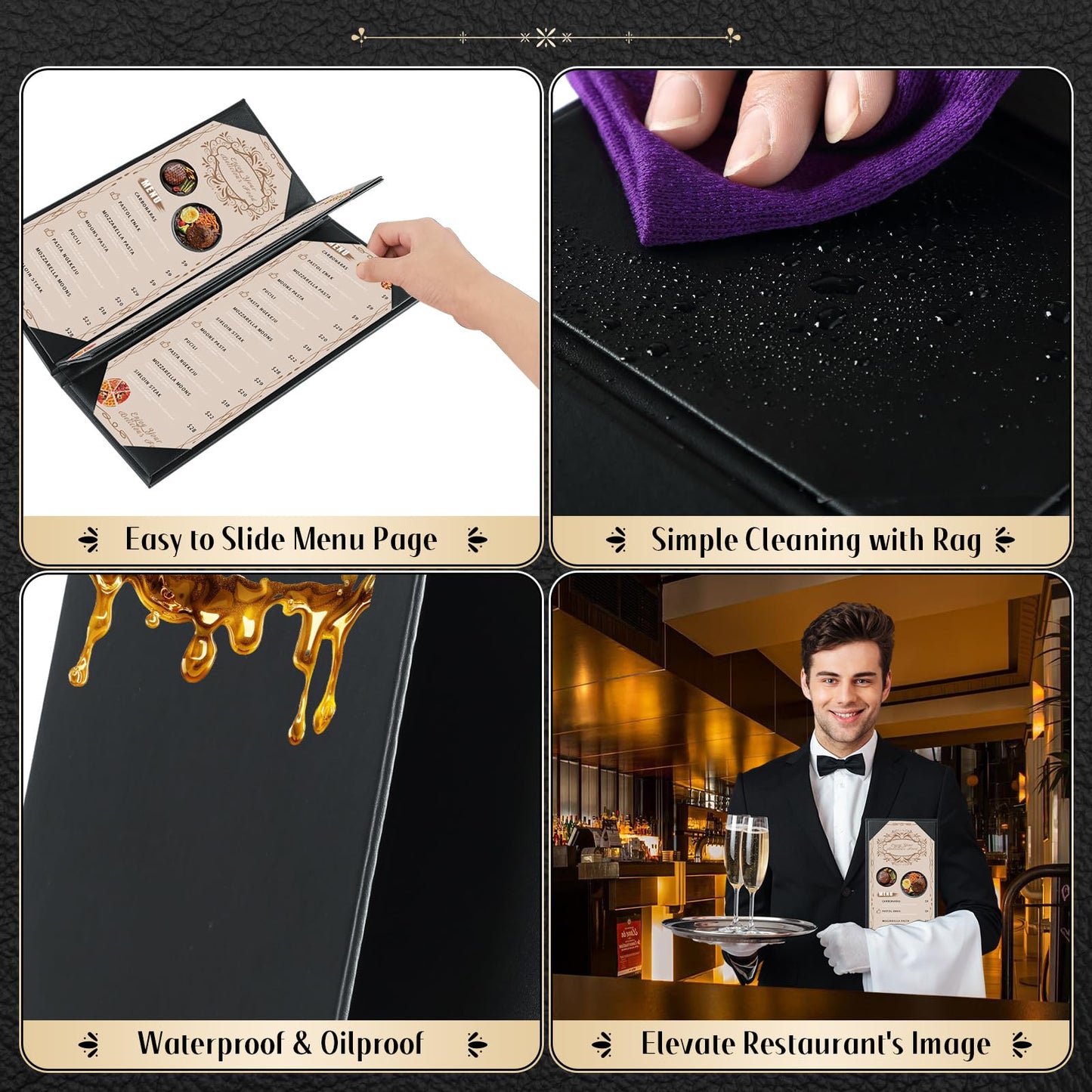FLKQC 15 Pack Restaurant Menu Covers Holders 4.25" X 11", 3 Page 4 View Synthetic Leather Menu Holder Covers Book Style with Angled Corners Black for Wine List, Morning Menu, Wine Menu (15, 3 Page)