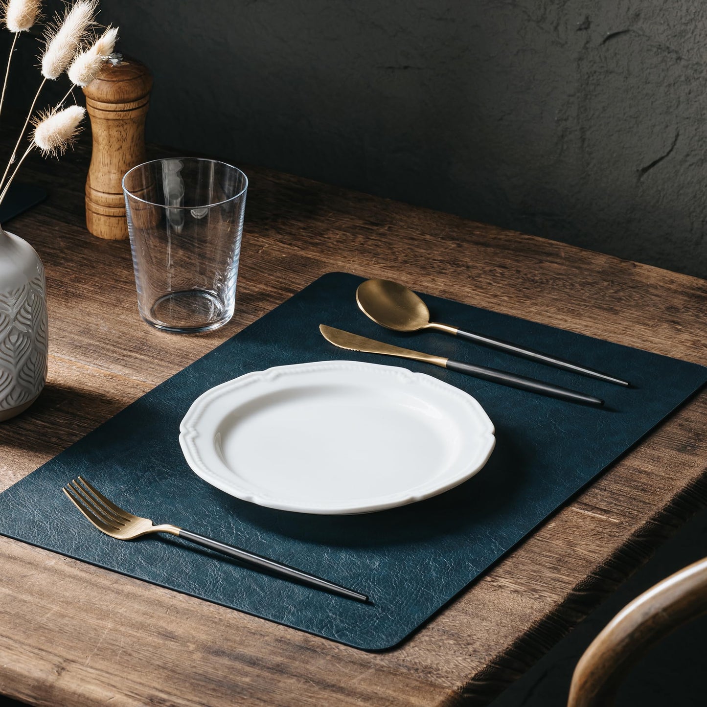 Placemats Set of 6, DOLOPL Reversible Dual-Color Faux Leather Place Mats 17"x11.8"– Waterproof, Heat Resistant, Washable & Wipeable, Luxury Retro Style for Kitchen, Dining Table (Camel/Navy Blue)