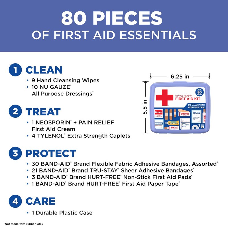 BAND-AID Brand Travel Ready Portable Emergency First Aid Kit, Minor Wound Care, Perfect for Home, Car, Camping, Travel & Outdoor Essentials, Supplies Include Bandages, Neosporin & Tylenol, 80 Piece