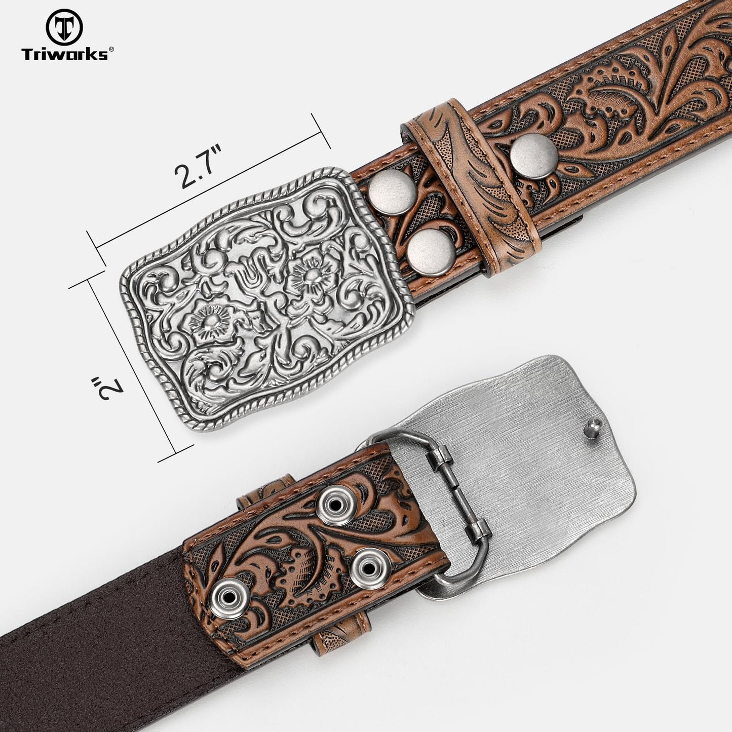 TRIWORKS Western Belts for Women Men Cowgirl Cowboy Embossed Engraved Tooled Leather Belt with Buckle for Jeans Pants Rodeo,E-Brown,Fit Waist Size 30"-34"