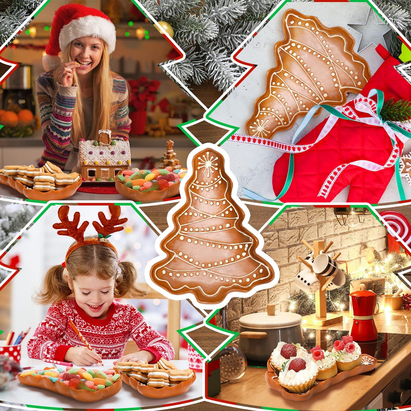 LemonRoad 2 Pcs Christmas Gingerbread Plates Resin Gingerbread Tree Shaped Platter 8 x 5.9 Inch Hand Painted Xmas Tree Snack Fruit Candy Serving Tray for Farmhouse Home Decoration Party Supplies Gift