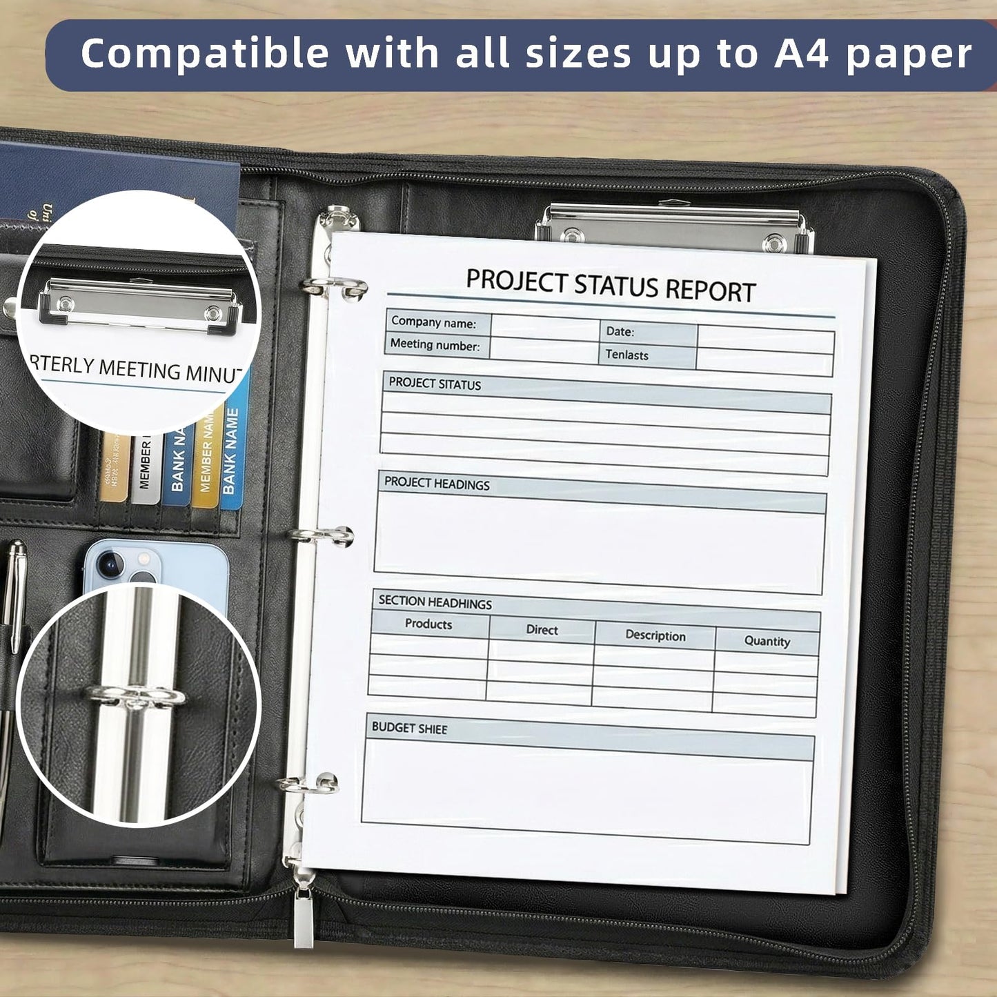 Zippered Padfolio with 3-Ring Binder & Clipboard, PU Leather Portfolio Organizer for Men Women, A4 Document Holder with Phone Pocket Pen Loops Card Slots, Professional Business Interview Folder Black