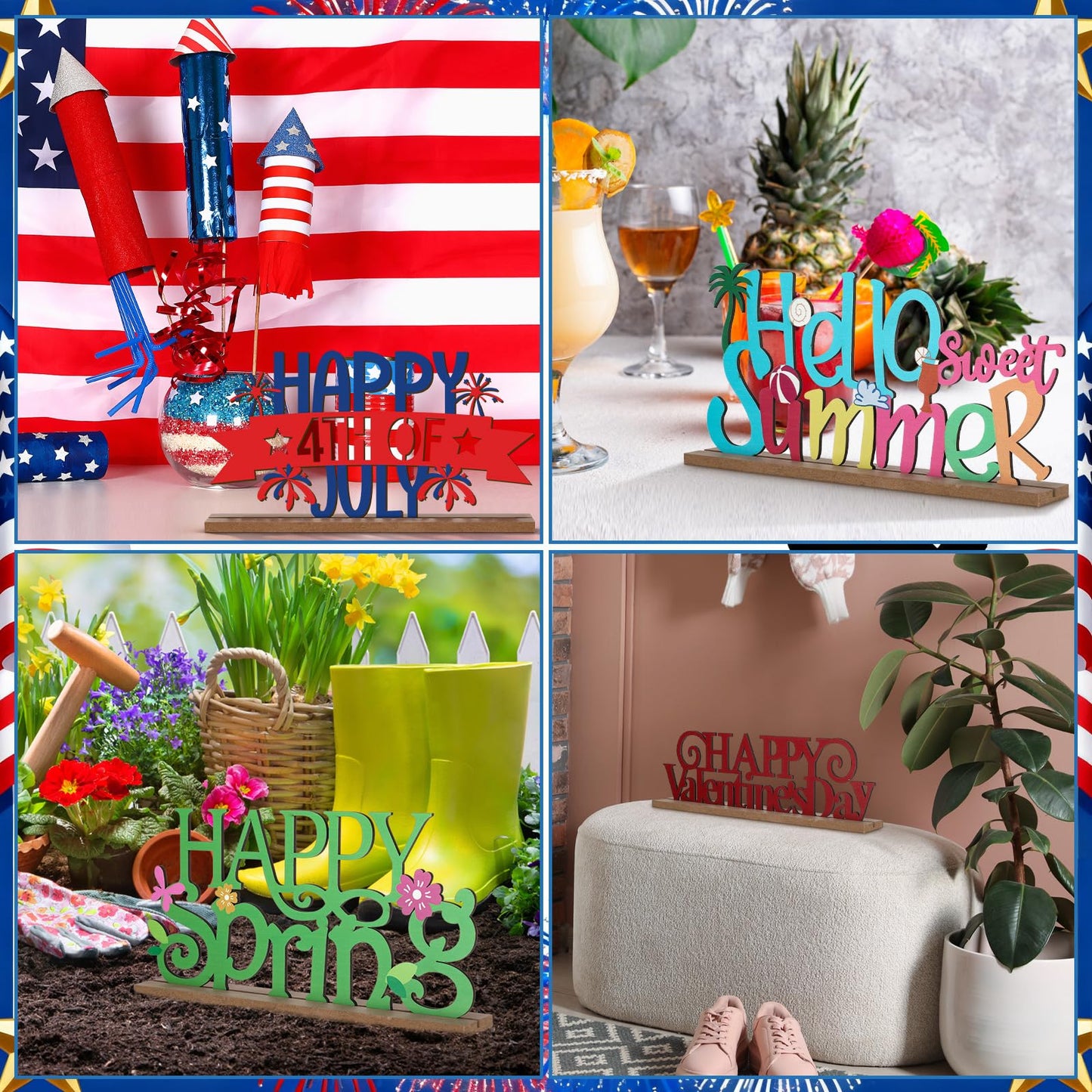 12 Pcs Interchangeable Seasonal Decor Holiday Sign Wooden Desk Table Decor for Office Home Rustic Farmhouse Multiple Holiday Sign with Wooden Base Tiered Tray Tabletop Mantel Easter Welcome Signs